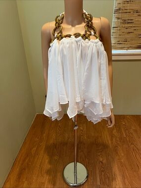 Akira White Chiffon Halter Top with Gold Chain Detail size L/XL